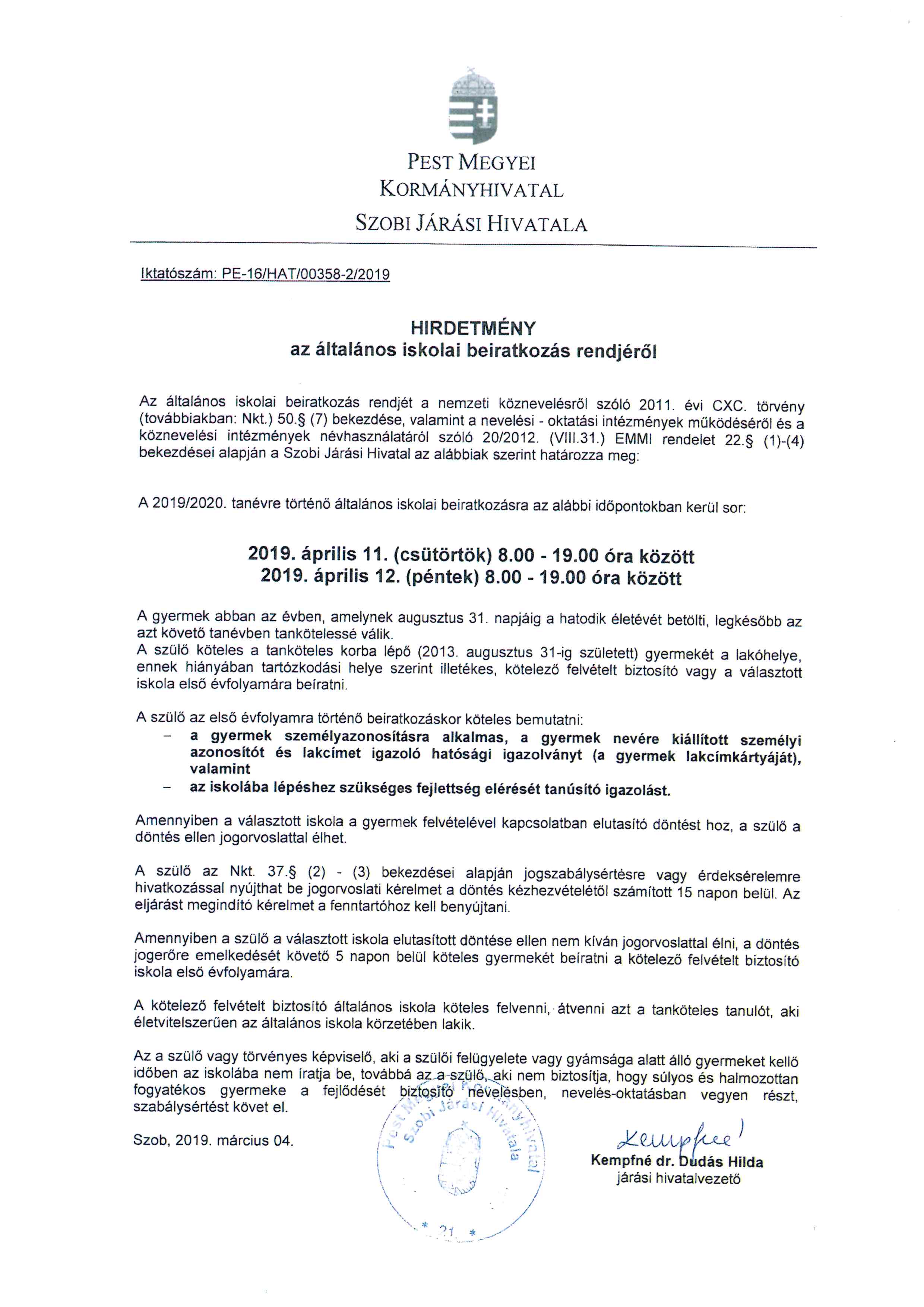 2019 2020 beiratkozas hirdetmeny